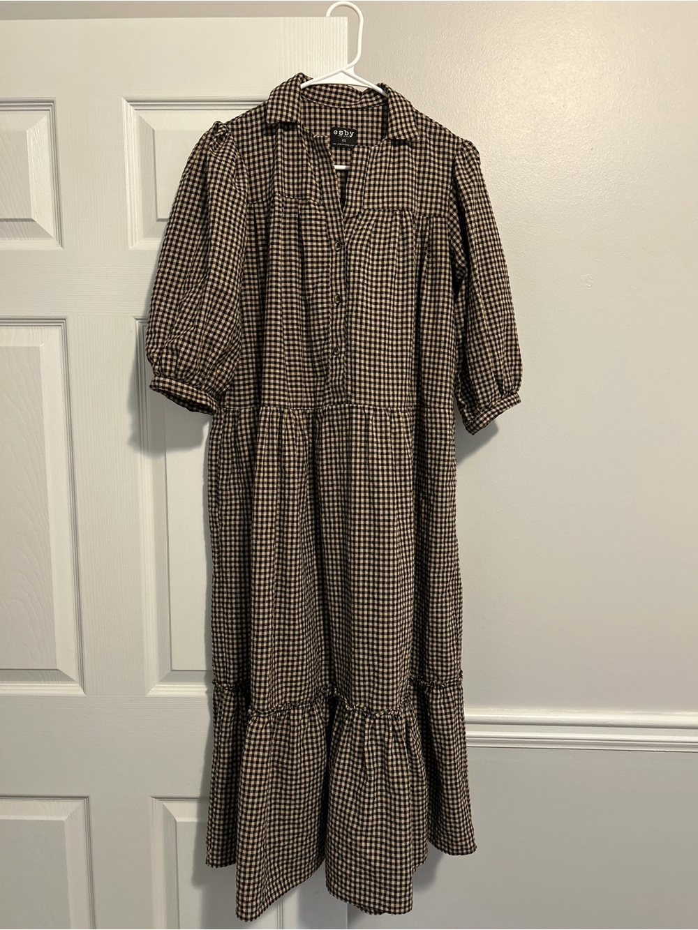 Esby Black and Cream Gingham Tiered Midi Dress